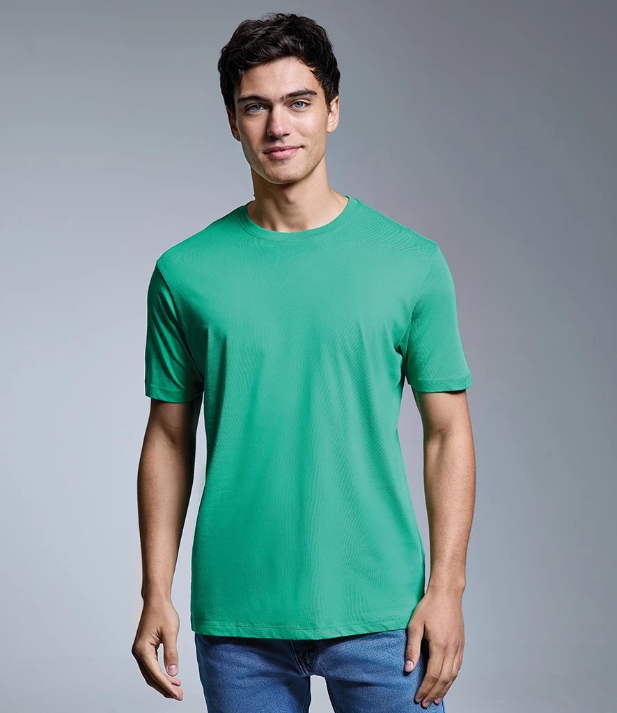 Model wearing a green Anthem organic t-shirt, front view