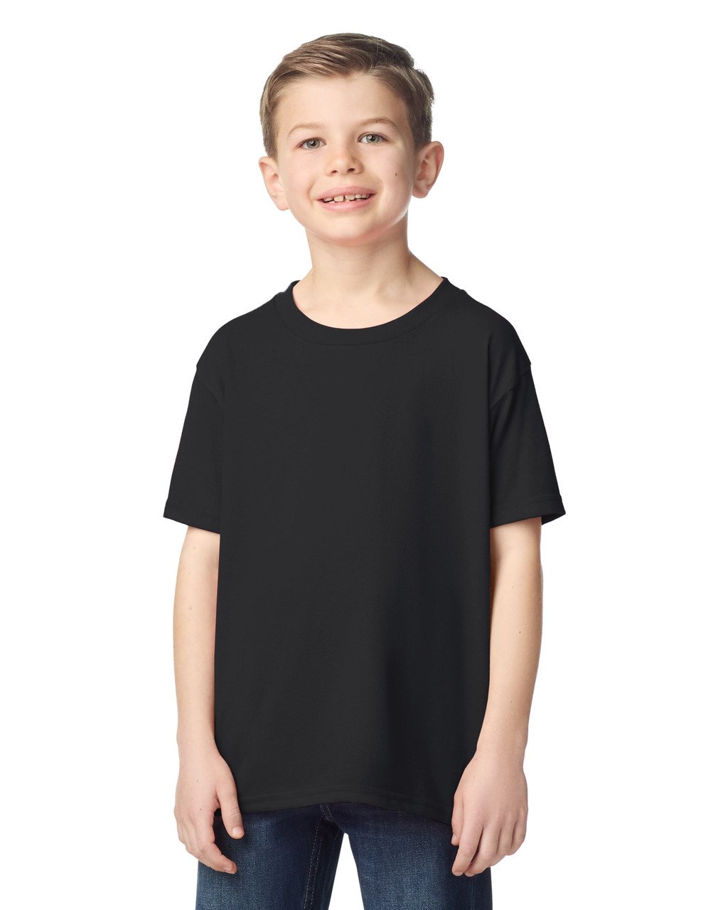 Child wearing a black Gildan Heavy Cotton youth T-shirt, front view
