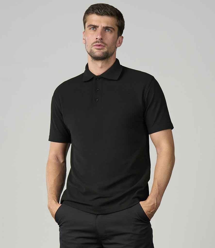 Model wearing a black ProRTX Pro piqué polo shirt, front view