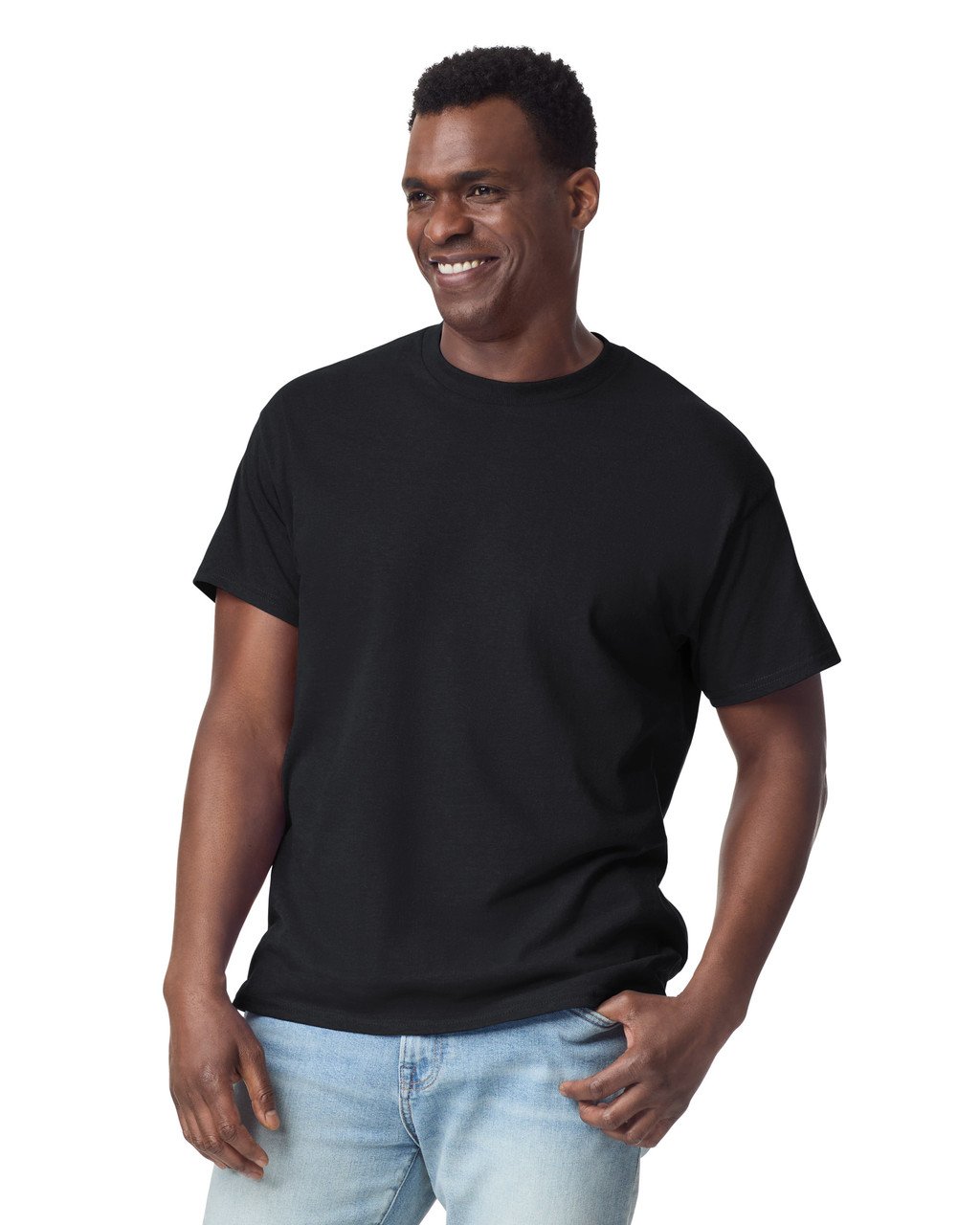 Model wearing a black Gildan Ultra Cotton T-shirt, front view